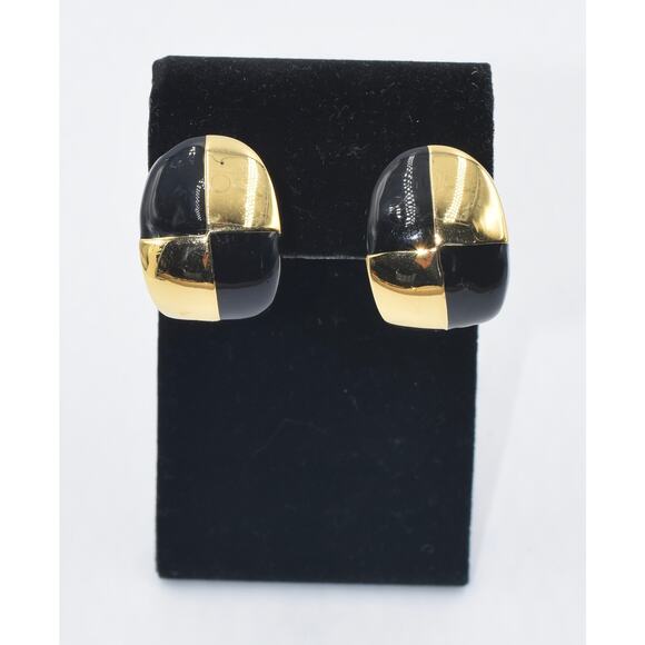 St. John Designer Black & Gold Enamel Clip Earrings - Picture 2 of 7